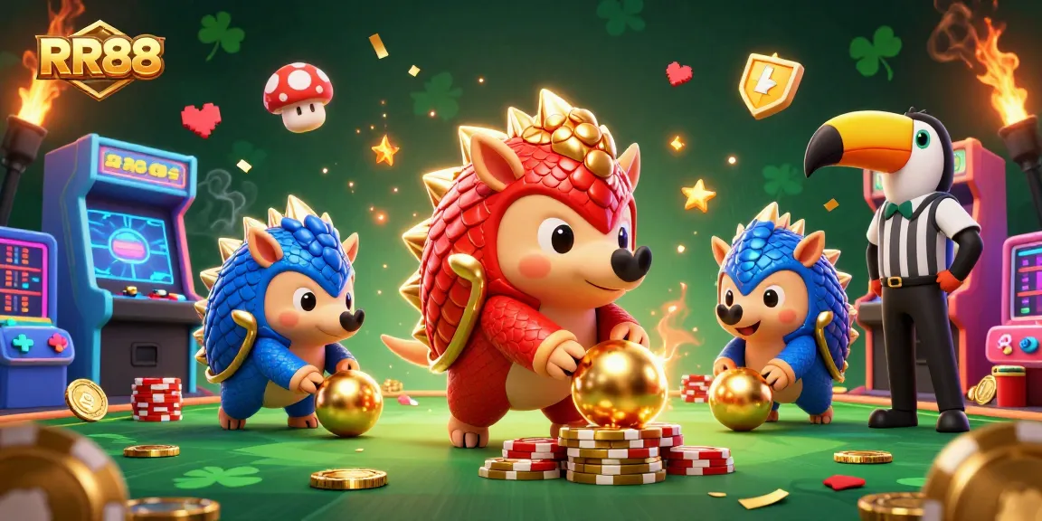 Experience thrilling RR88 gameplay with rival pangolins in a vibrant casino-themed scene.