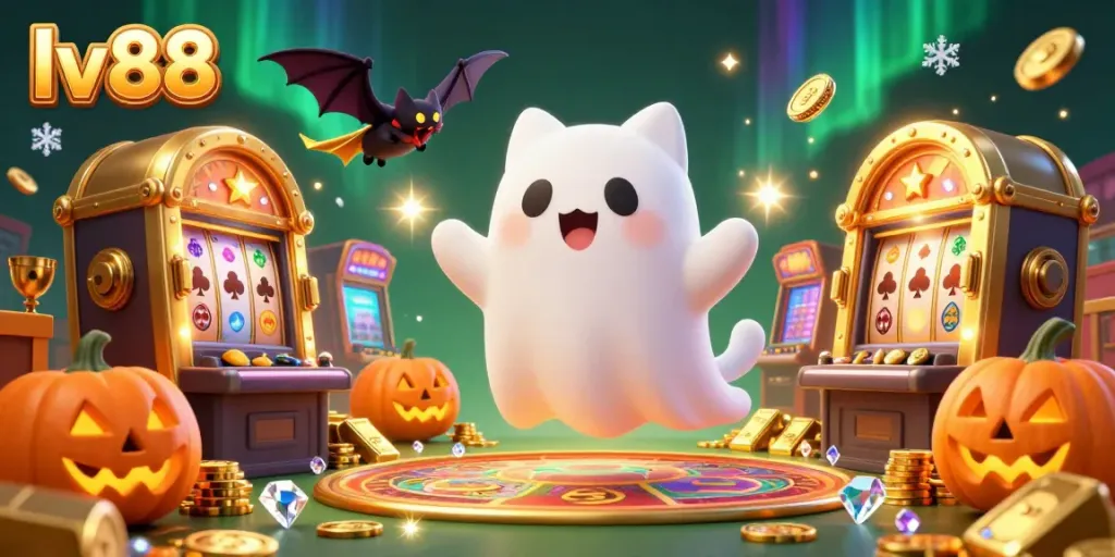 Experience thrilling gameplay with lv88 featuring a cartoon ghost cat and a vampire bat in a magical casino.