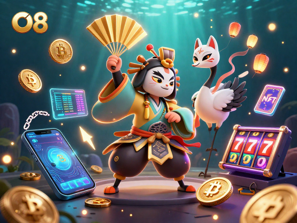 Experience epic gaming adventures at O8 with vibrant characters, crypto elements, and mystical themes.