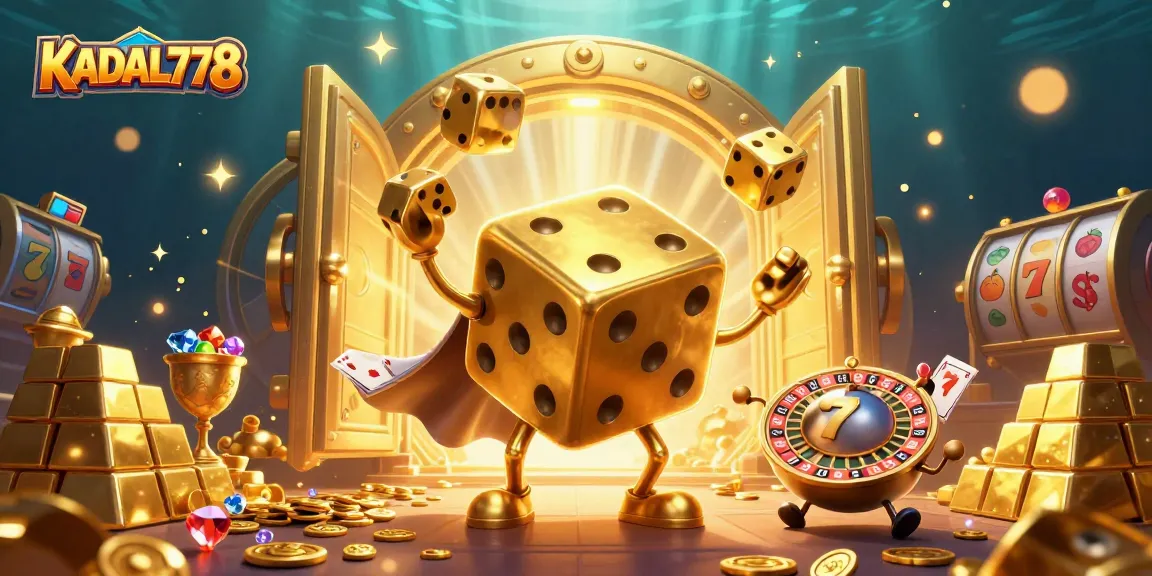 KADAL778 showcases a 3D illustration of casino fun with golden dice and slot symbols, perfect for gaming excitement.