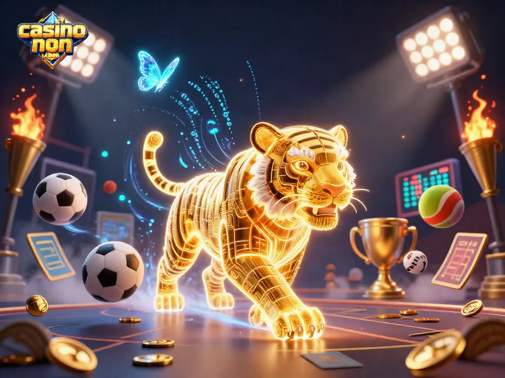 Gioca responsabilmente nei casino non ADM con il tigre dorato in un paesaggio digitale affollato.