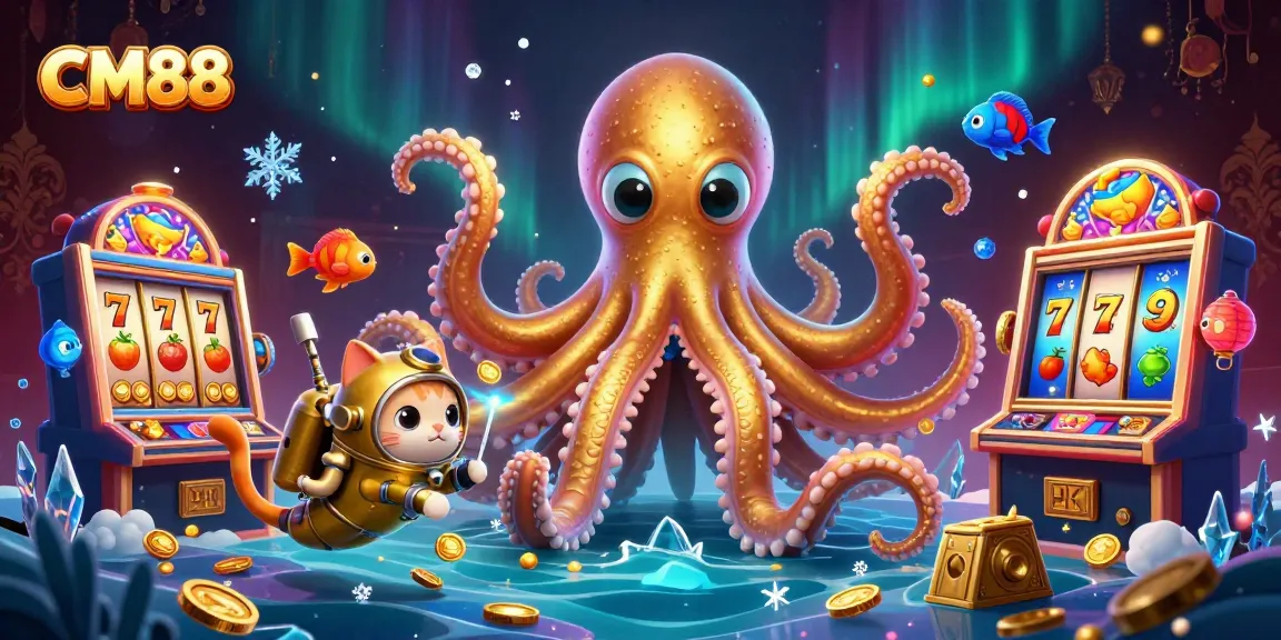 Spin slot machines and win with CM88 amidst a kraken and vintage diver in a treasure scene