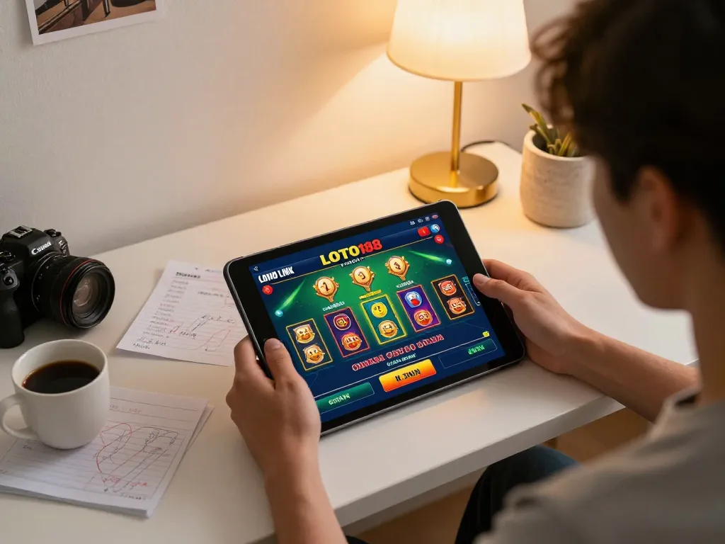 Engaging with the LOTO188 LINK interface on a tablet at a cozy home gaming setup, reflecting strategic online betting.