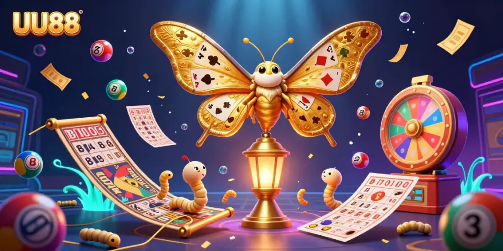 Engage in thrilling gameplay with UU88's vibrant casino scene featuring a golden moth and colorful lottery balls.