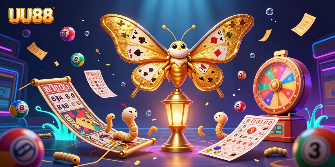 Engage in thrilling gameplay with UU88's vibrant casino scene featuring a golden moth and colorful lottery balls.