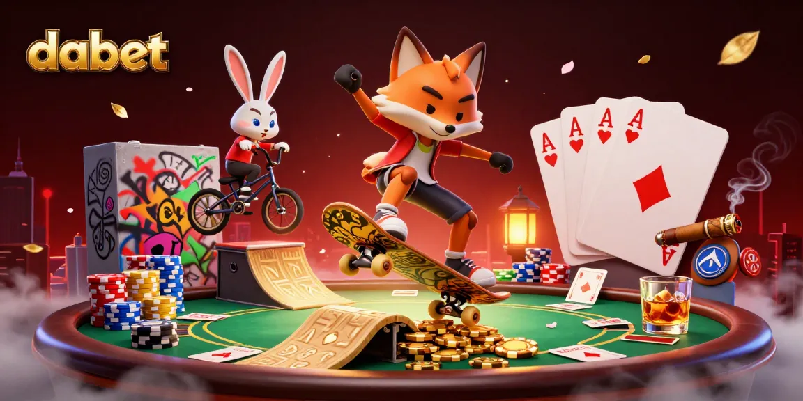 Action-packed illustration of dabet casino gaming scene with cartoon characters and vibrant symbols.
