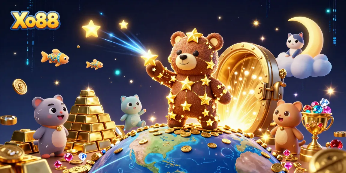 Xo88 captures the excitement of wins with a 3D bear and treasures in a vibrant casino scene.