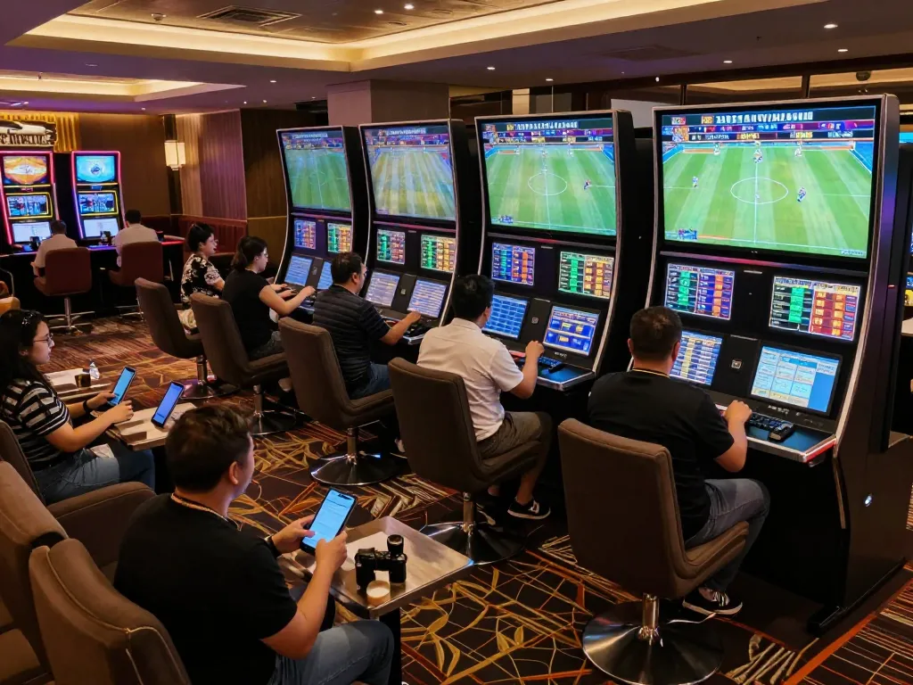 Dynamic sports betting experience at nhandinhkeonhacai lounge with screens showing live odds.