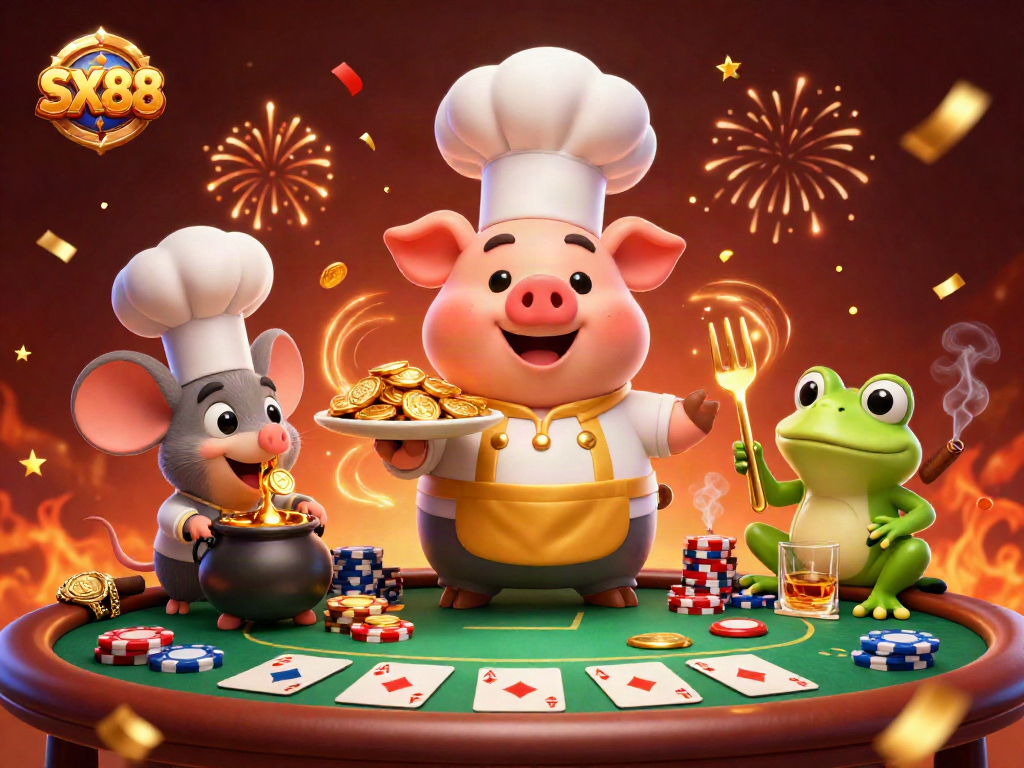 SX88 chef pig serves gold coins while a mouse and frog engage in a lively casino scene.