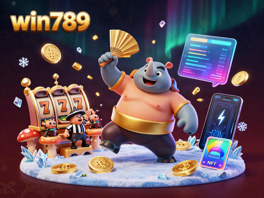 Win789 champions the slot gaming scene with vibrant beetle characters surrounding golden coins and jackpots.