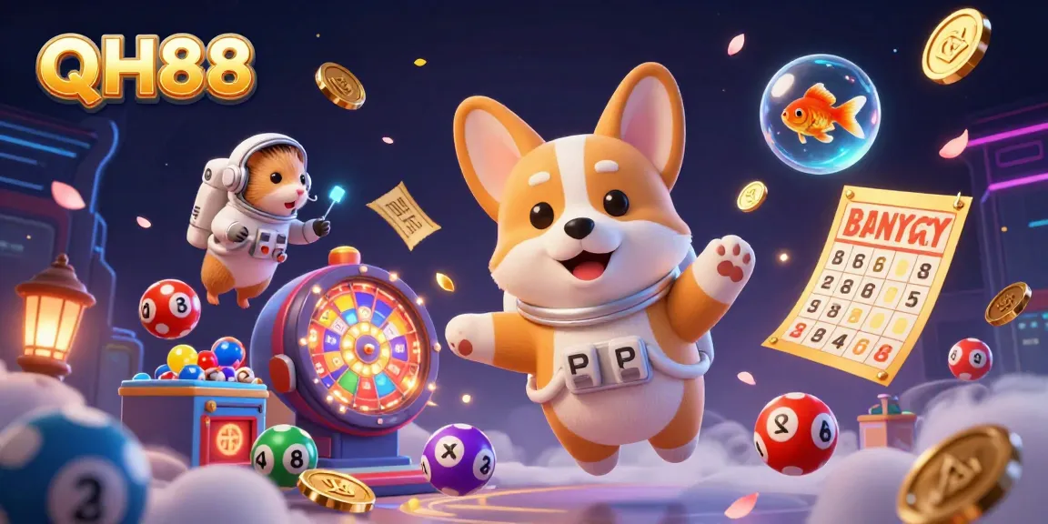 Experience QH88's engaging casino atmosphere with colorful lottery elements and dynamic characters.