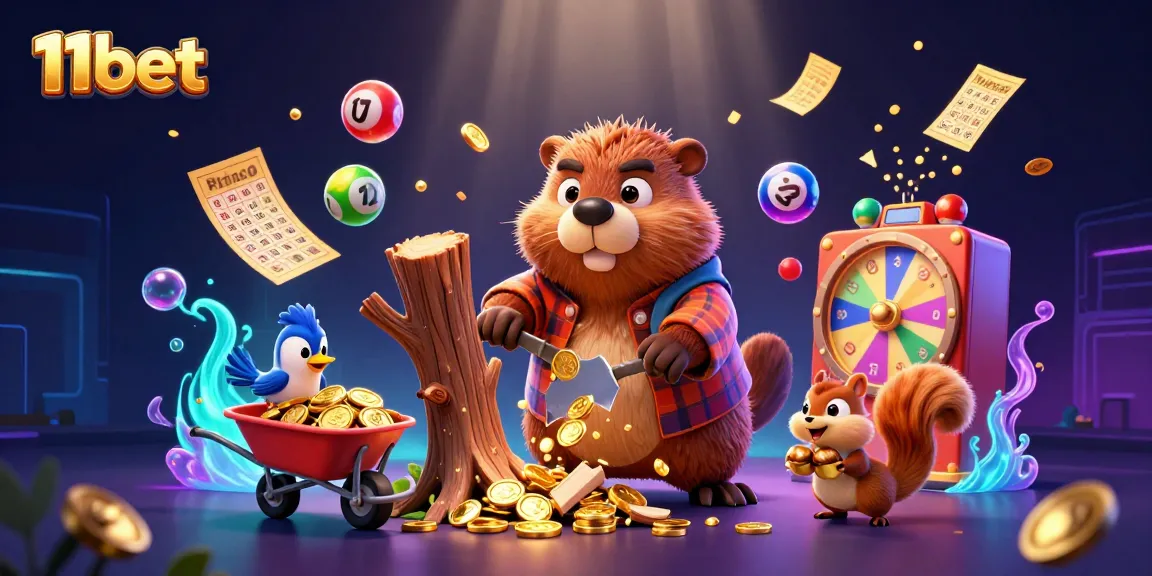 Engage with 11bet's vibrant casino world featuring a lively scene of whimsical characters and dynamic gaming elements.