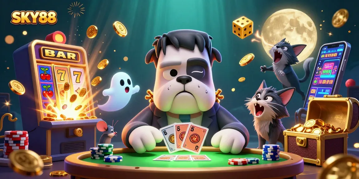 Join the excitement at SKY88 with a whimsical 3D casino illustration featuring dynamic elements and vibrant colors.
