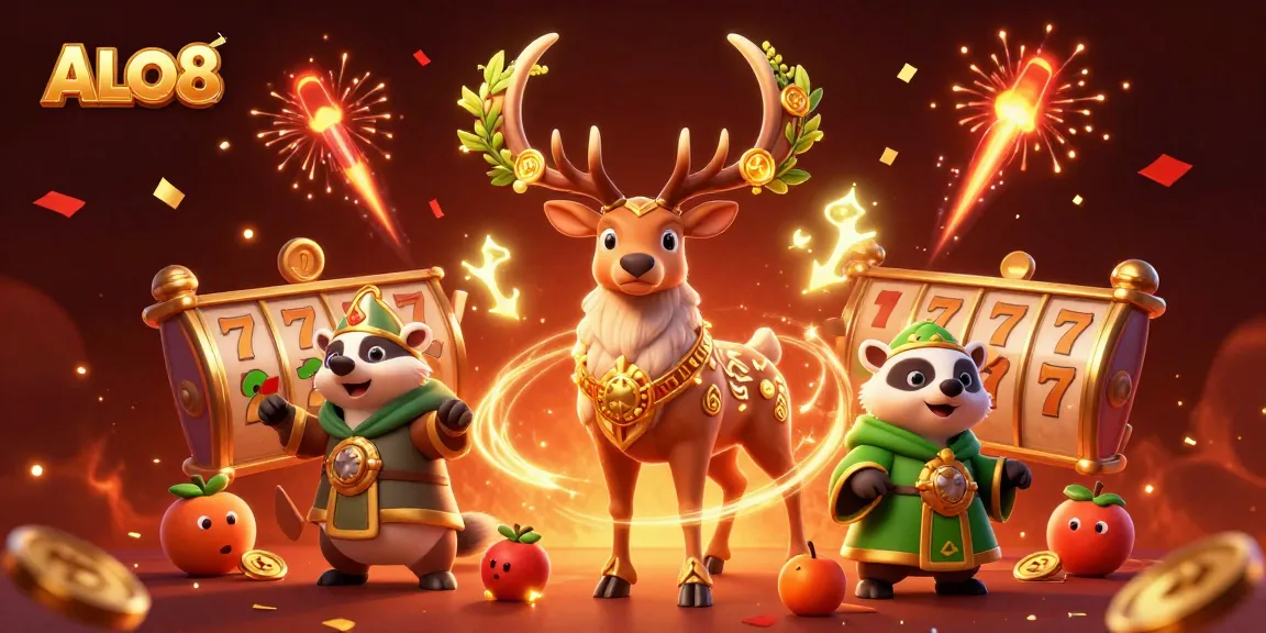 Join the gaming excitement of ALO8 with a magical illustration of druid stag and a wise badger amidst celebratory gaming elements.