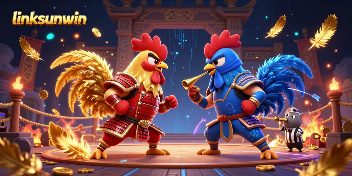 linksunwin features a vibrant, dynamic arena with roosters battling, showcasing excitement.
