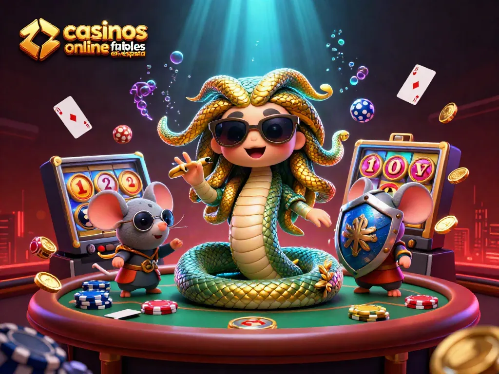 Visualiza casinos online fiables en España mientras juegas póker con Medusa y un guerrero.