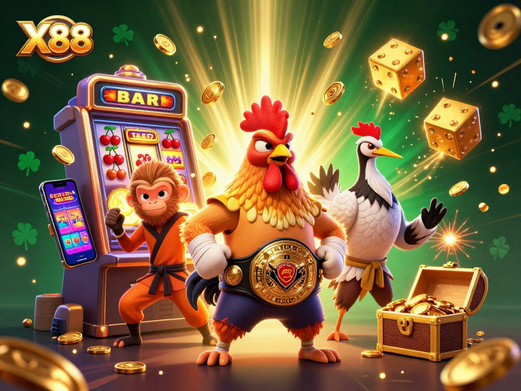 X88 players enjoy a thrilling jackpot from a dynamic 3D casino illustration featuring vibrant game elements.