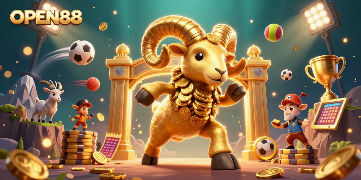 Engage with OPEN88's vibrant casino world featuring a golden ram and dynamic sports elements.