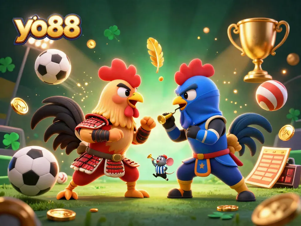 Yo88 showcases an epic battle between cartoon roosters in a vibrant gambling arena with dynamic sports elements.