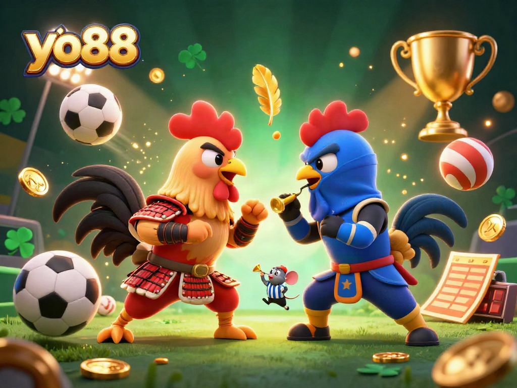 Yo88 showcases an epic battle between cartoon roosters in a vibrant gambling arena with dynamic sports elements.
