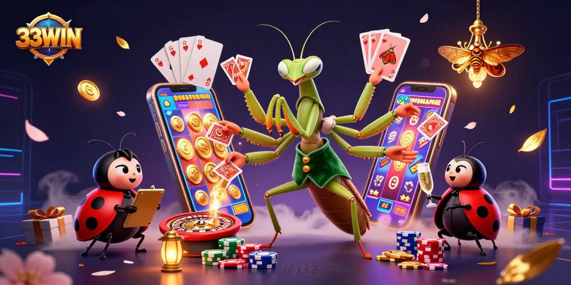 33WIN presents a vibrant gaming scene featuring a giant mantis dealer and a ladybug pit boss amidst lively game elements, showcasing online gambling thrills.
