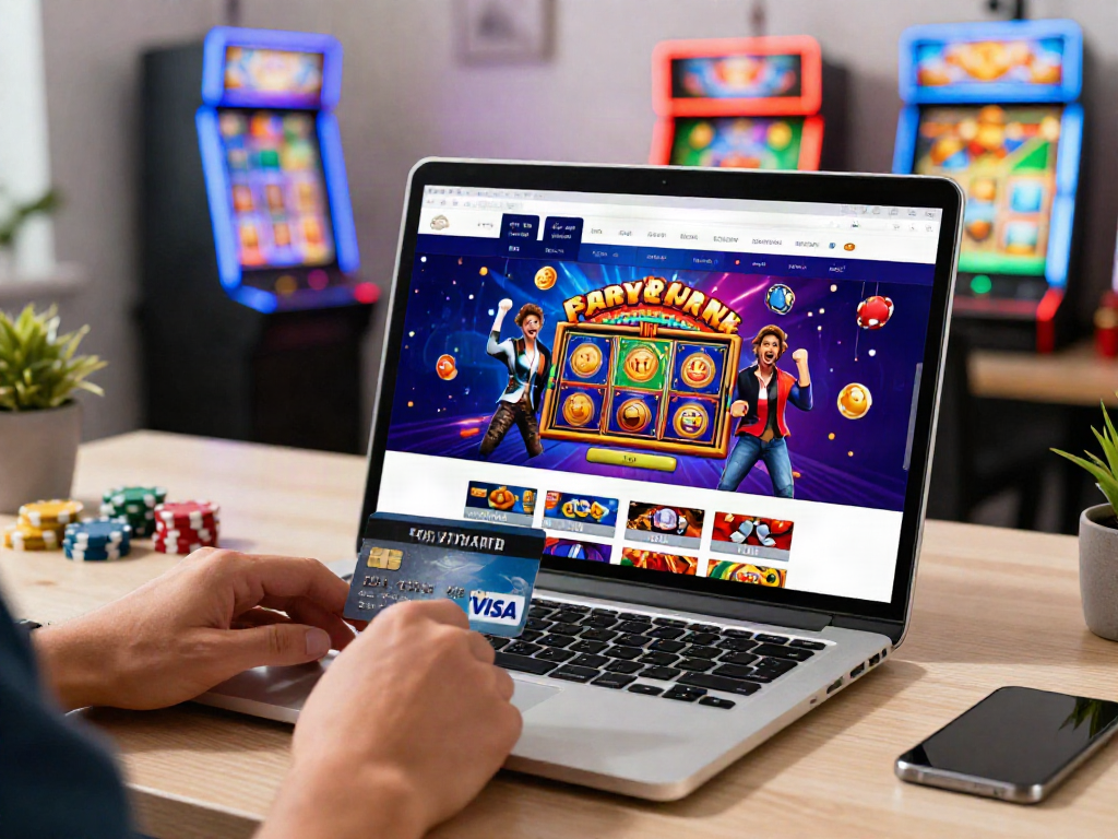 Player using credit card casinos with excitement at home, showcasing vibrant gaming graphics and a Visa card.