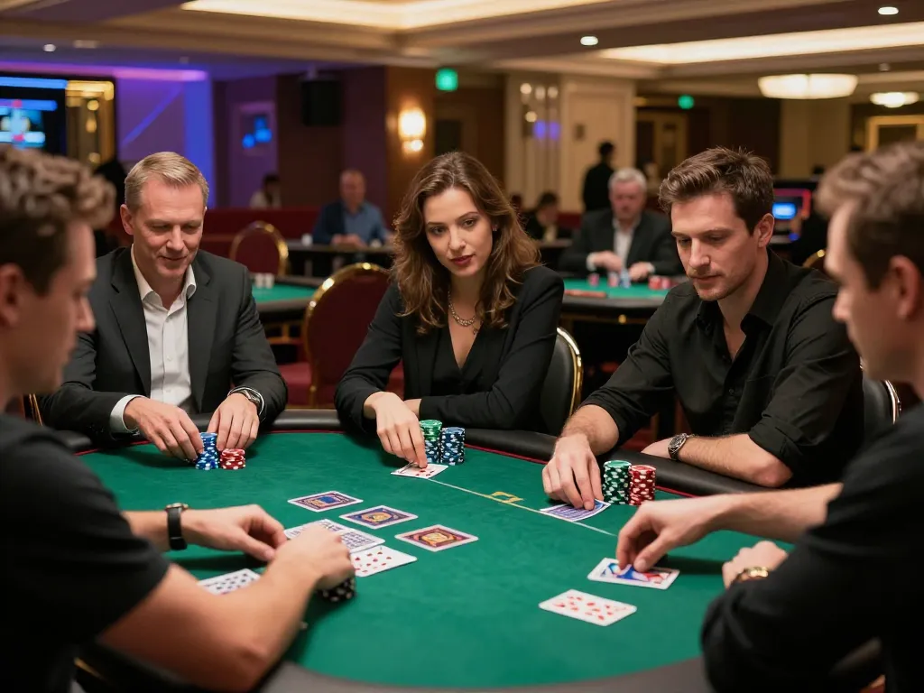 Players engaging in an intense poker game at MM88 casino, showcasing competitive atmosphere.