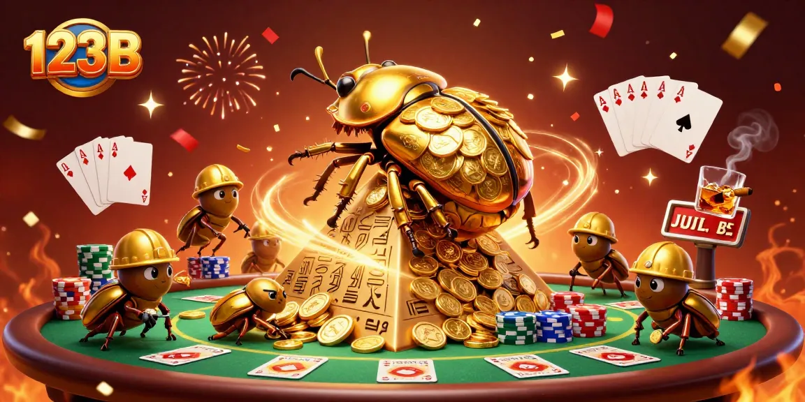 Experience thrilling gaming at 123B with a golden beetle rolling coins in this vibrant casino illustration.