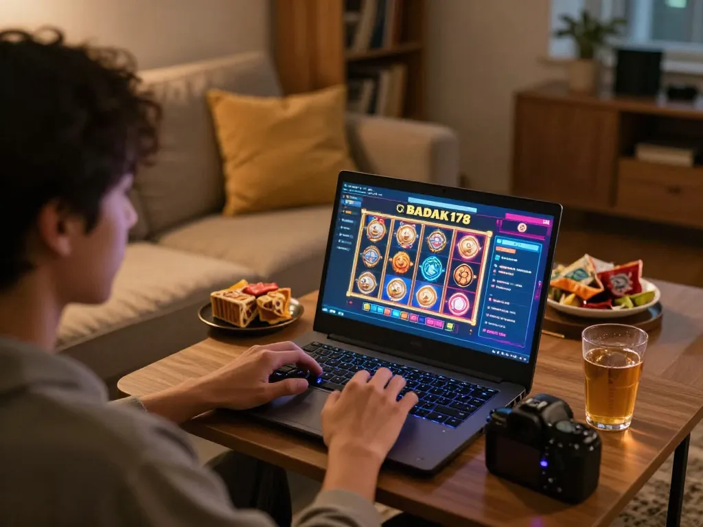 Player immersed in badak178 online casino gaming session at home, showcasing immersive slot machine interface.