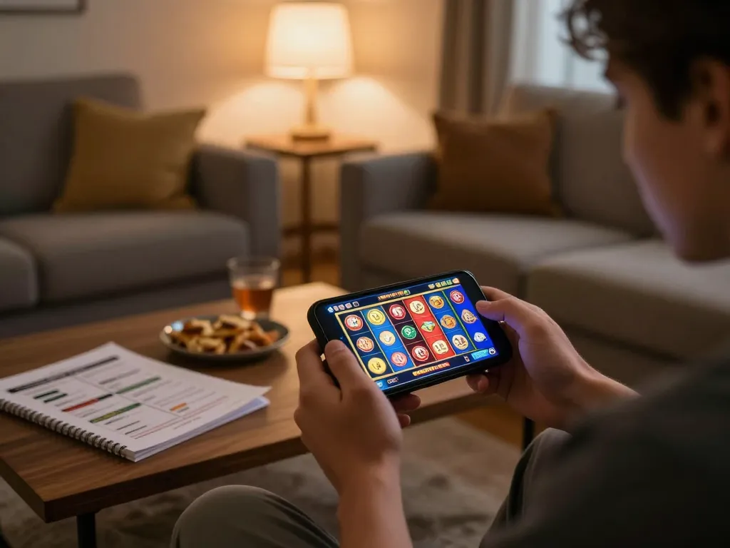 LGO SUPER excitement during online slots game on smartphone in comfortable living room.