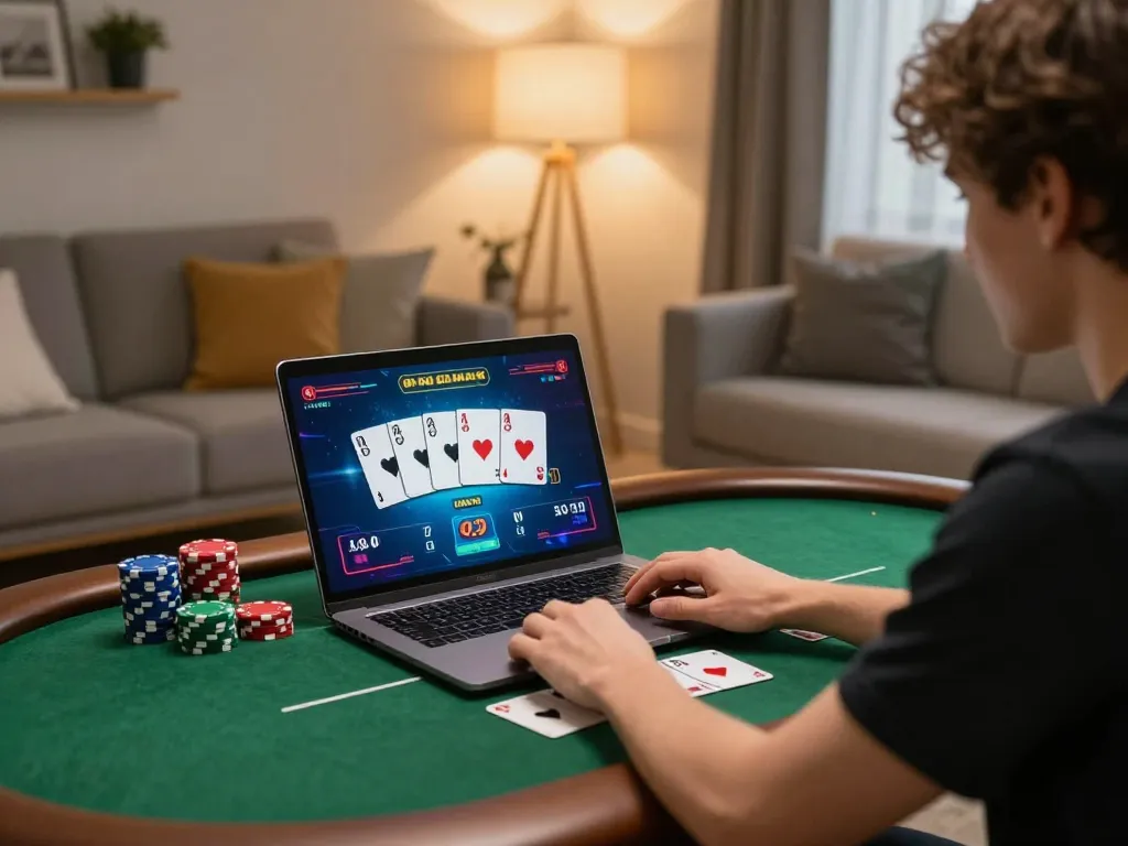 Player analyzing poker strategies at home using laptop, showcasing keonhacaii88 interface for gambling insights.