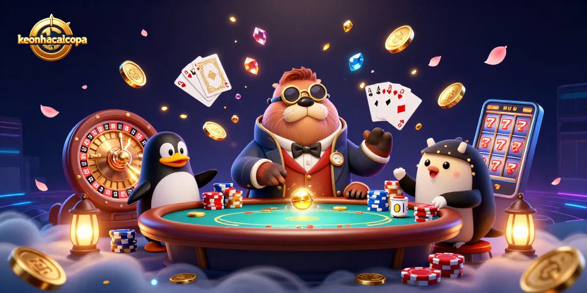 keonhacaicopa poker scene with jolly walrus, penguin dealer, and pufferfish bluffing