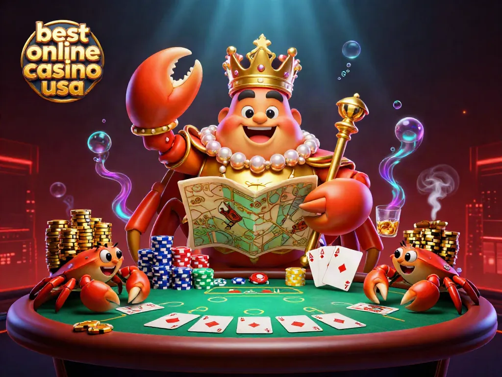View the virtual scene of the best online casino USA featuring a majestic crab emperor and vibrant poker elements.