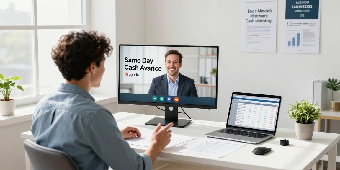 Small business owner discussing same day merchant cash advance with financial advisor, modern office setting.