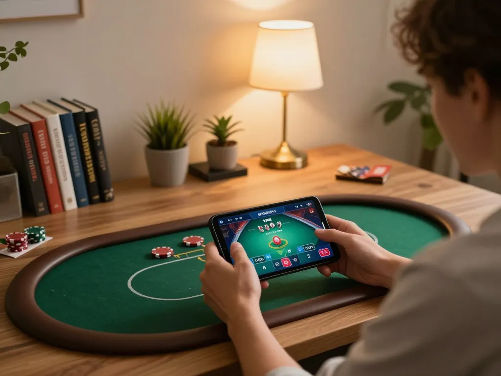 Engaging in mobile gambling at home on 789clubgo, showcasing stylish gaming setup with warm lighting.