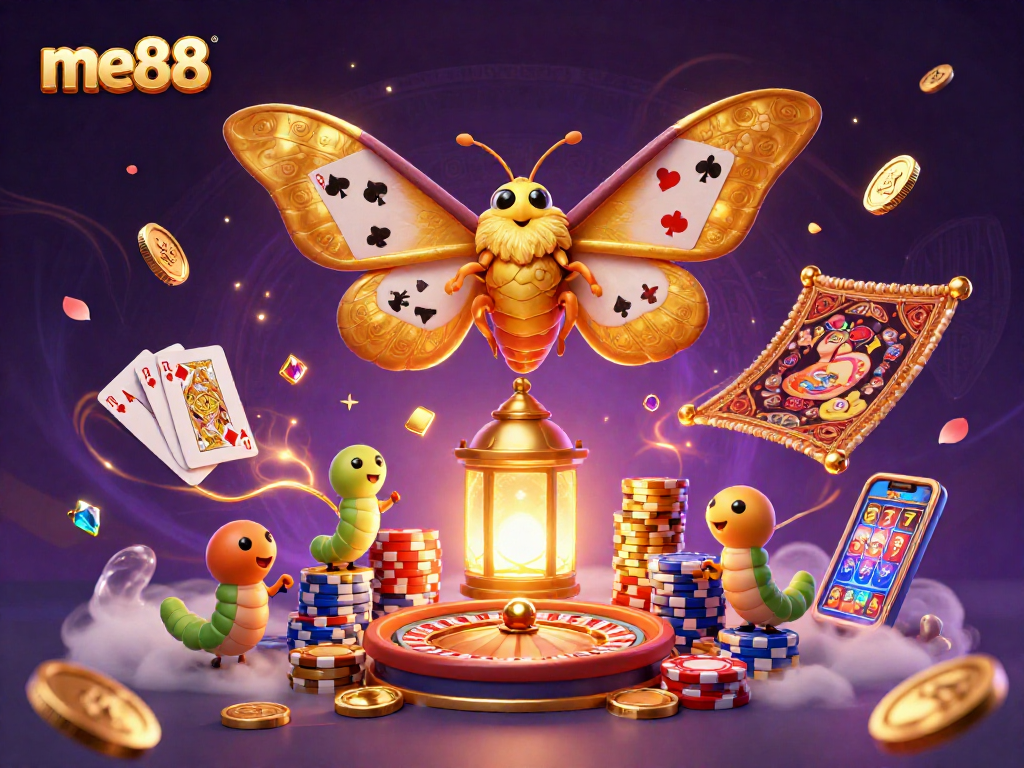 me88 online casino features vibrant 3D illustration of an atlas moth, golden lantern, and casino elements.