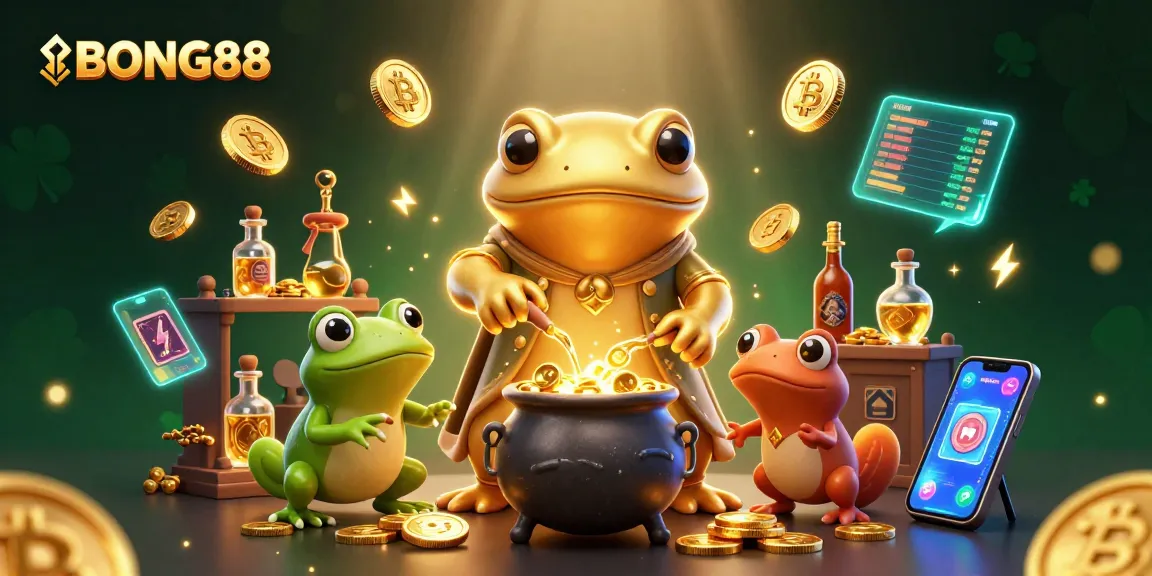 Engage with BONG88's magical world of online gambling, featuring a vibrant 3D illustration of a golden salamander alchemist.