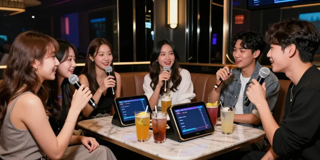 강남달토에서 친구들과 함께 즐거운 시간을 보내는 세련된 카라오케 풍경