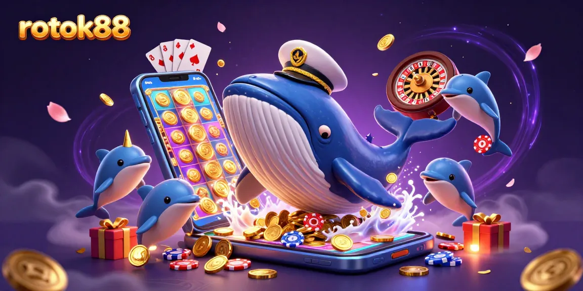 Experience thrilling moments with rokok88 as a whale, narwhal, and dolphins play amid vibrant casino elements.