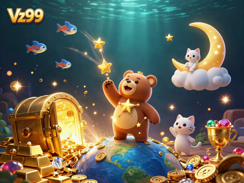 Engage with Vz99 in a vibrant casino-themed world featuring golden treasures and celestial companions.