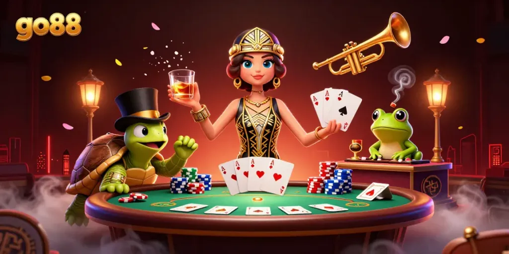 Engage with go88 casino's vibrant gaming atmosphere featuring lively characters and rich colors.