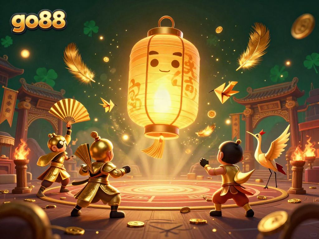 Experience thrilling gameplay with go88 as golden lanterns and warriors enhance this dynamic casino scene.