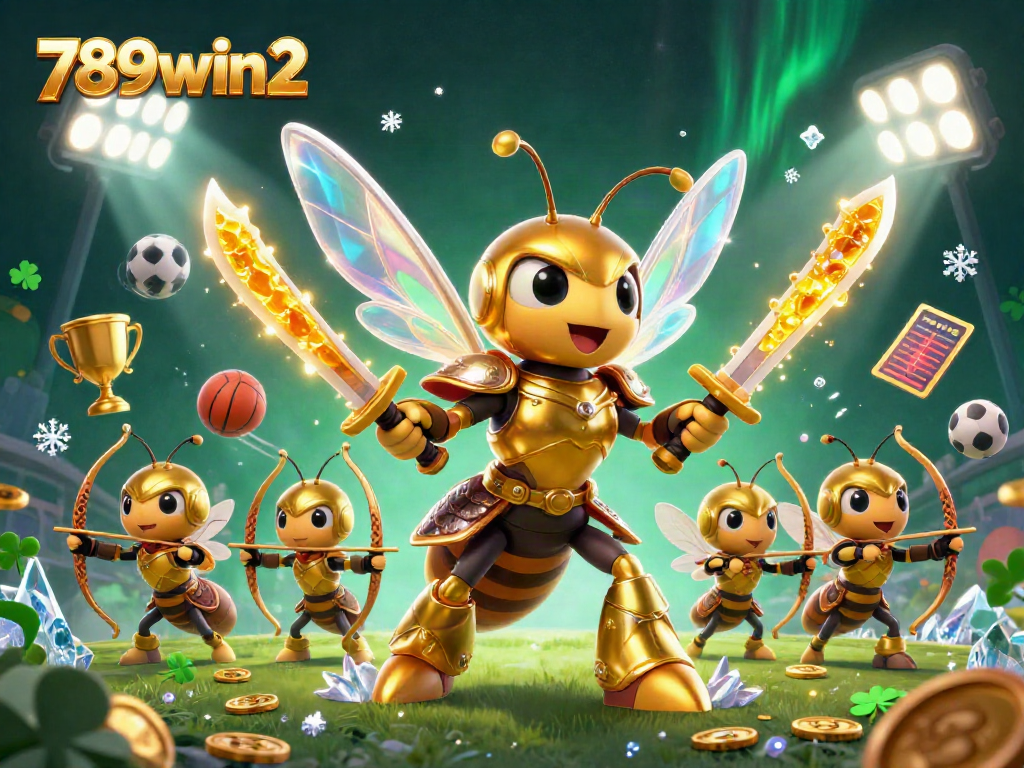 Engage with the vibrant 789win2 scene featuring a samurai hornet and bee archers amidst sports elements and rich textures.
