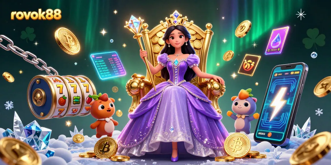 Engage with rokok88 through a vibrant 3D casino scene showcasing slots, crypto coins, and enchanting characters.