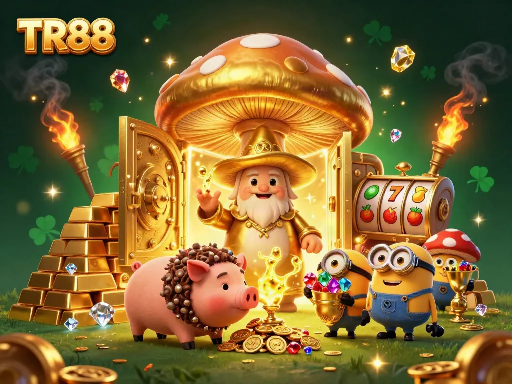TR88 reveals a golden fortune amidst vibrant casino elements in an enchanting illustration