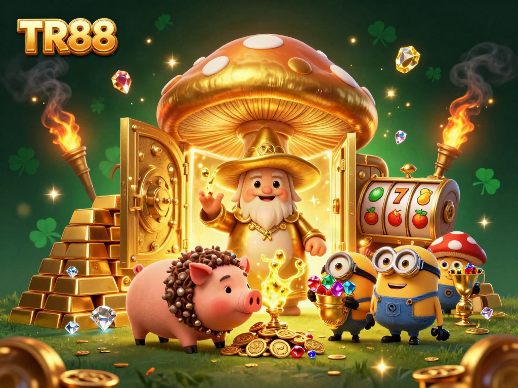 TR88 reveals a golden fortune amidst vibrant casino elements in an enchanting illustration