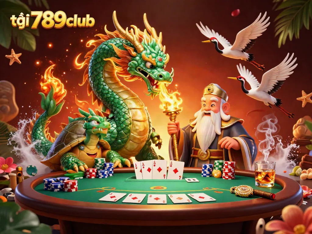 Experience thrilling gameplay at 789club with a stunning illustration of dragons and poker elements.