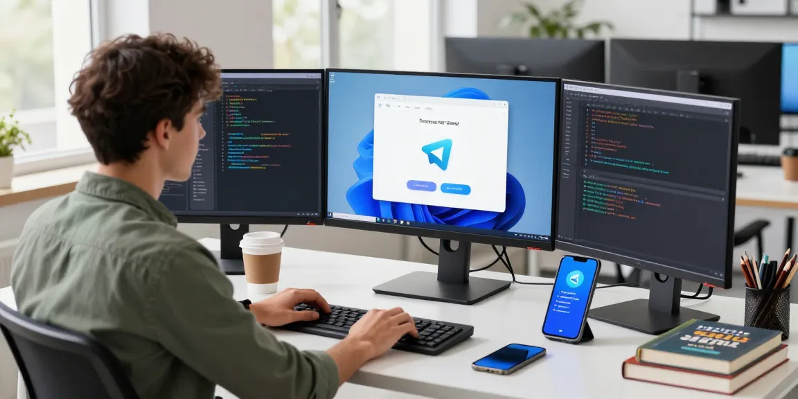 Developer using Telegram下载 on desktop with multiple tech screens and vibrant coding interface.