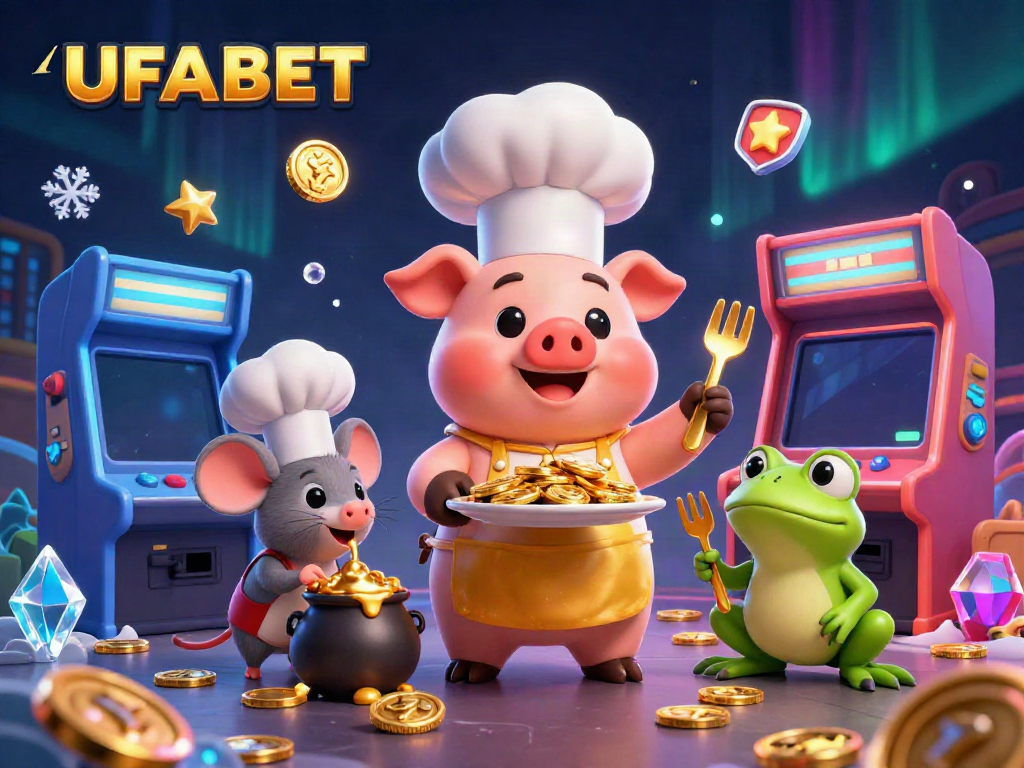 UFABET platform showcasing a vibrant casino scene with a playful cartoon pig chef and gold coins.