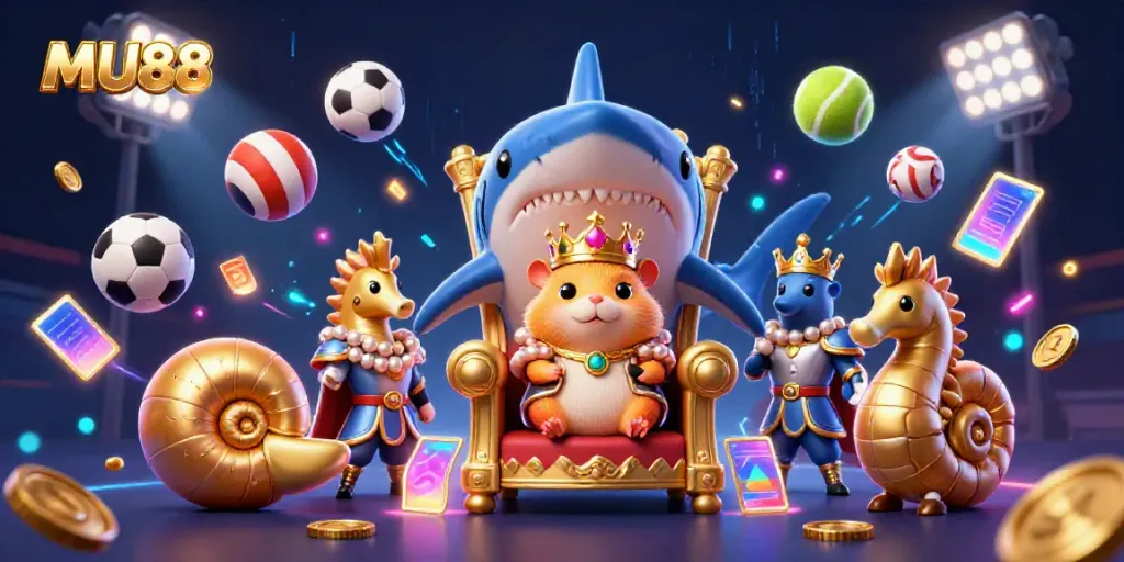 Engage in thrilling bets at MU88 with a vibrant 3D illustration capturing a golden hamster king and dynamic sports elements.